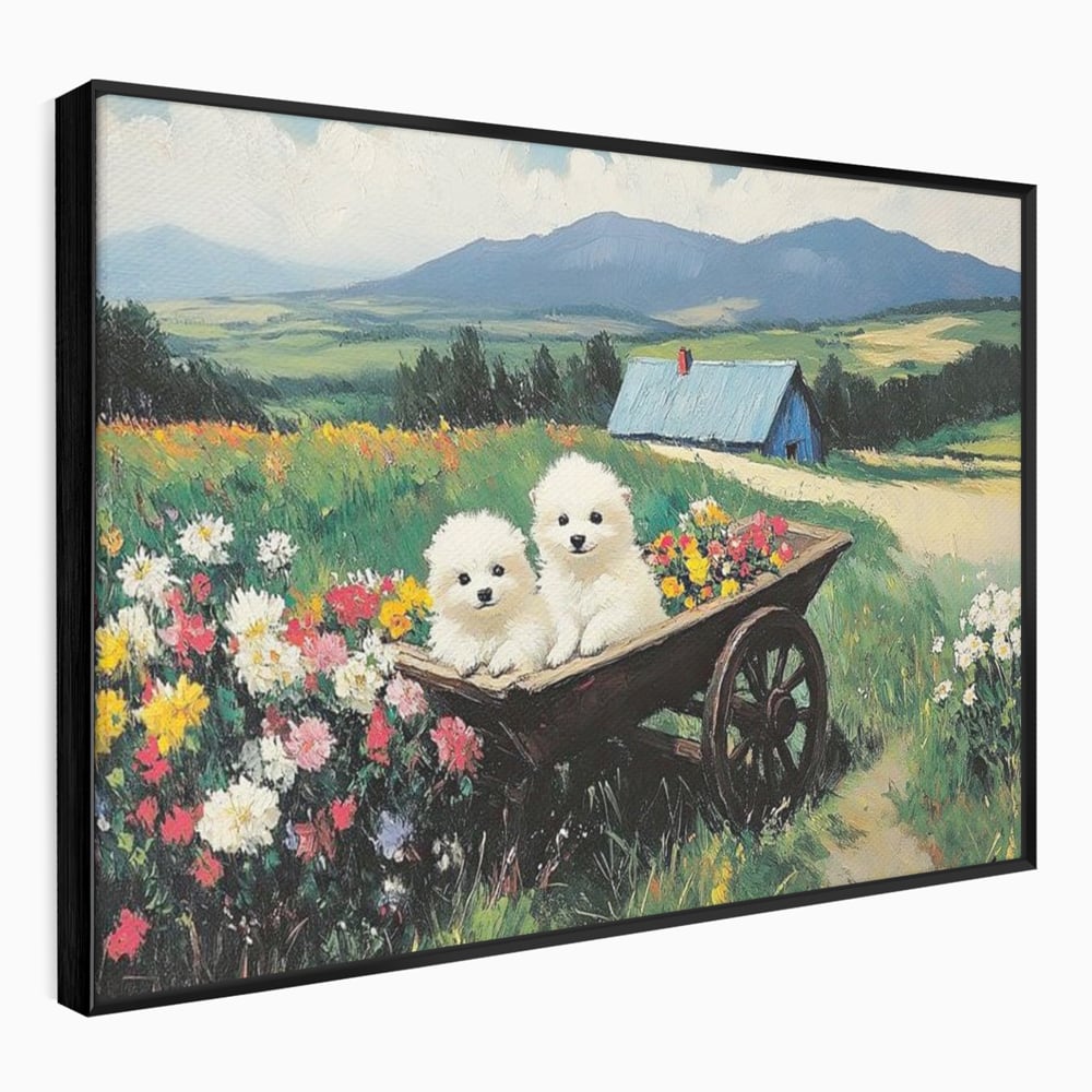 Tablou canvas cu tablou canvas cu catelusi intr-o roaba, in rama de aluminiu negru